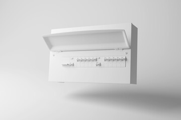 White electric fuse box floating in mid air on white background in monochrome and minimalism. Illustration of the concept of electrical home safety