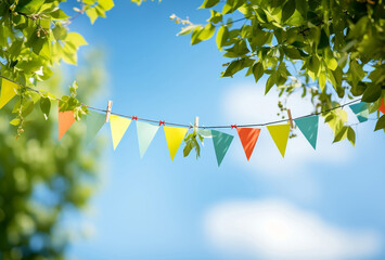 colorful pennant string decoration in green tree foliage on blue sky, summer party background template banner with copy space - obrazy, fototapety, plakaty