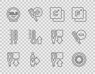 Set line Digital thermometer, Sun, Celsius, Medical, Meteorology, and icon. Vector