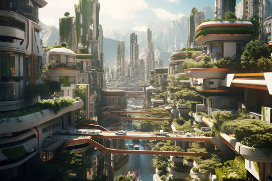 Enormous Fantastic Residential Buildings Situated on River Bank Rounded by Mountains. Generative AI.