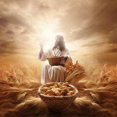  Jesus to Thanksgiving, Bread basket with wheat harvest, Ai generated
