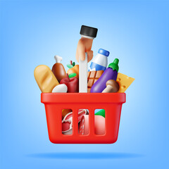 Fototapeta na wymiar 3D Shopping Plastic Basket with Fresh Products. Render Grocery Store, Supermarket. Food and Drinks. Milk, Vegetables, Meat Chicken, Cheese, Sausage, Salad, Bread Chocolate Egg. Vector illustration