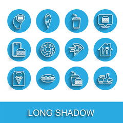 Set line Online ordering pizza delivery, Hotdog sandwich, Paper glass burger, Scooter, Donut, and icon. Vector