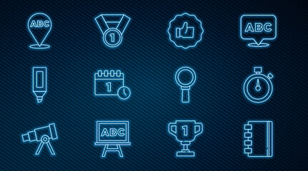 Set line Spiral notebook, Stopwatch, Hand thumb up, Calendar first september date, Marker pen, Alphabet, Magnifying glass and Medal icon. Vector