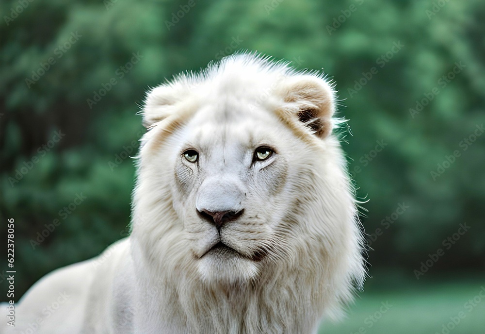 Poster AI generated illustration of a majestic white lion under the sunlight with a blurry background