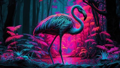 AI generated illustration of a flamingo standing in water in the forest