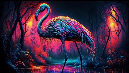 AI generated illustration of a flamingo walking in water in the forest