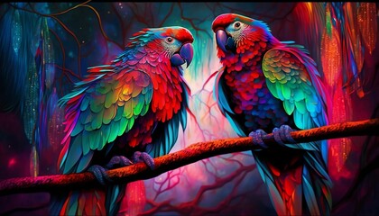 Fototapeta premium AI generated illustration of colorful parrots perched on a branch