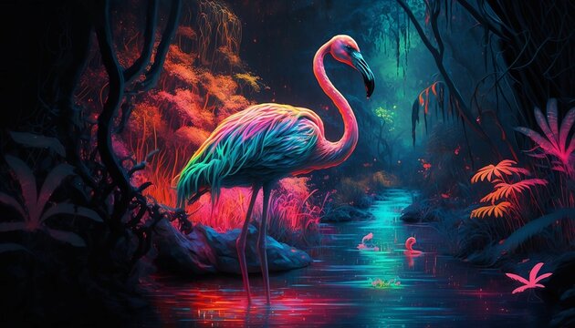 AI generated illustration of a flamingo standing in water in the forest