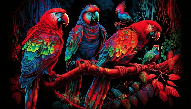 AI generated illustration of colorful parrots perched on a branch