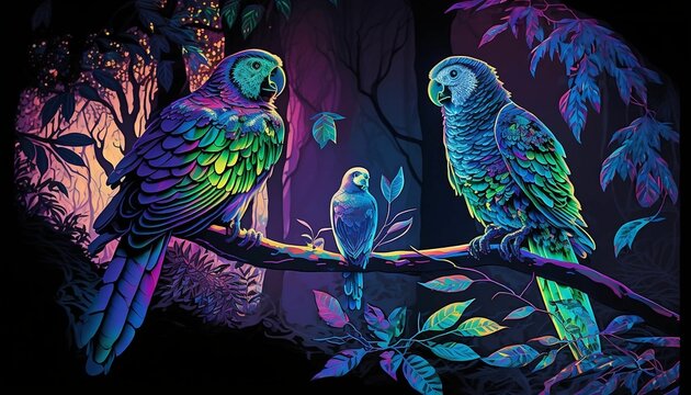 AI generated illustration of parrots perched on a branch