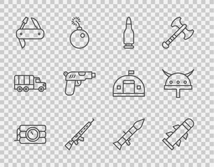 Set line Dynamite and timer clock, Rocket, Bullet, Sniper rifle with scope, Swiss army knife, Pistol or gun, launcher and Viking in horned helmet icon. Vector