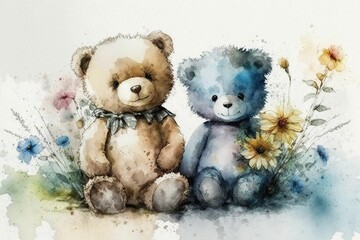 AI generated illustration of two plush teddy bears, one light brown and one navy blue