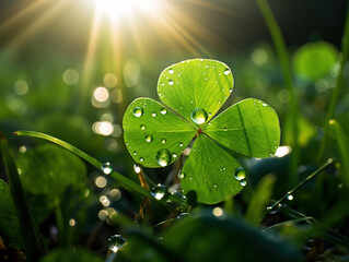 Close-up of four leaves clover covered in dew under sunlight, Generative Ai illustration
