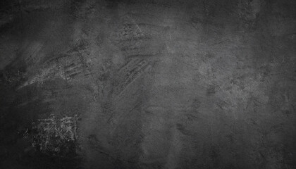 Old black abstract concrete background. Grunge texture. Dark wallpaper. Blackboard. Chalkboard. Top view, copy space. Banner