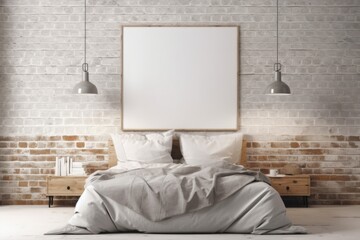 Close up of a bed with brown sheets and pillows next to a wall made of white bricks that is hanging a sizable horizontal poster. a toned, mock up image. Generative AI