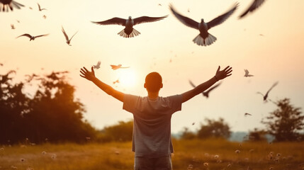 Freedom concept with man rising arms towards  the sky full of flying birds, Generative AI Illustration