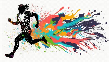 Obraz na płótnie Canvas AI-generated illustration of runner silhouette with colorful rainbow paint splash traces