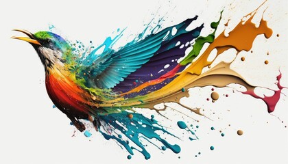 AI-generated illustration of abstract bird shaped by colorful rainbow paint splash