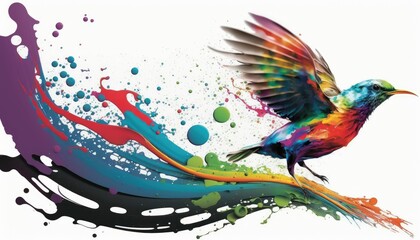 AI-generated illustration of colorful paint and a bird on a white background.