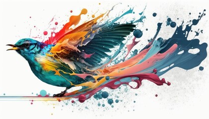 AI-generated illustration of colorful paints and a bird on a white background.