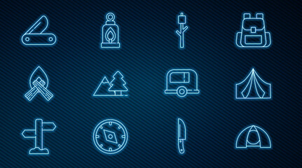Set line Tourist tent, Marshmallow on stick, Mountains with tree, Campfire, Swiss army knife, Rv Camping trailer and lantern icon. Vector