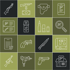 Set line Hunting shop weapon, Book with pistol or gun, Pistol search, Gun holster, Pepper spray, Weapon catalog, and Bullet icon. Vector