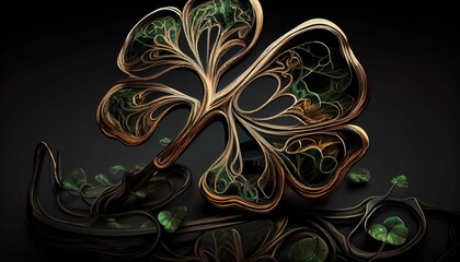 AI generated illustration of intricate wire and foliage shamrock set against a black background
