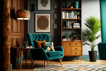 AI generated illustration of a stylish living room with a turquoise armchair and vintage furniture