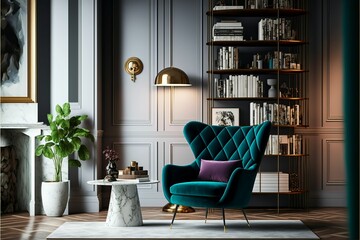 AI generated illustration of a stylish living room with a turquoise armchair and white walls