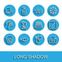 Set line Skull, Blindness, Man coughing, Stethoscope, Tooth with caries, Microscope, Scar suture and Test tube blood icon. Vector