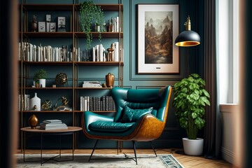 AI generated illustration of a stylish living room with a green leather armchair