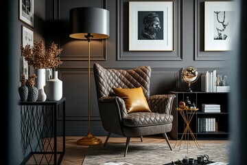 AI generated illustration of a stylish living room with a gray armchair and modern decorations