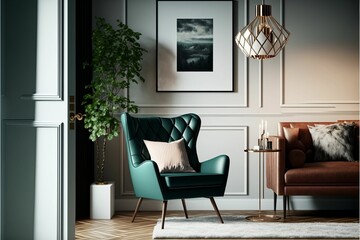 AI generated illustration of a stylish living room with a green leather armchair  and white walls