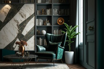 AI generated illustration of a modern living room in black, green and golden colors