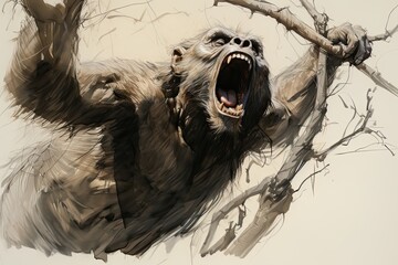A chimpanzee hangs from a tree branch, mouth wide open. (Illustration, Generative AI)