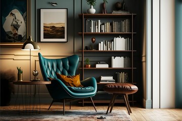 AI generated illustration of a stylish living room with leathers chairs and gray walls