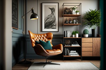 AI generated illustration of a stylish living room with a wooden shelf and bird picture