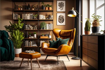 AI generated illustration of a stylish living room with retro elements and plants