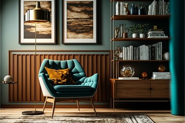 AI generated illustration of a stylish living room with a golden lamp and green chair