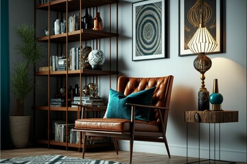 AI generated illustration of a retro living room with a leather chair and brown bookshelf