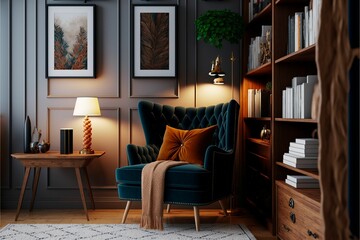 Fototapeta na wymiar AI generated illustration of a modern living room with a green armchair and elegant decors
