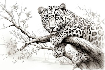 A leopard climbs a tree branch, eyeing the camera. (Illustration, Generative AI)