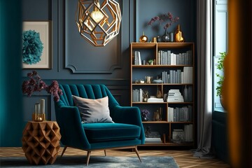 AI generated illustration of a modern home office with a blue armchair and golden decors