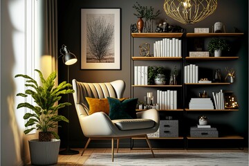 AI generated illustration of a home office with gray walls and white armchair