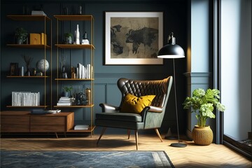 AI generated illustration of a home office with modern shelf and leather armchair