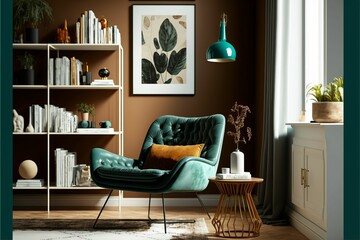 AI generated illustration of a modern home office with a leather armchair and blue lamp