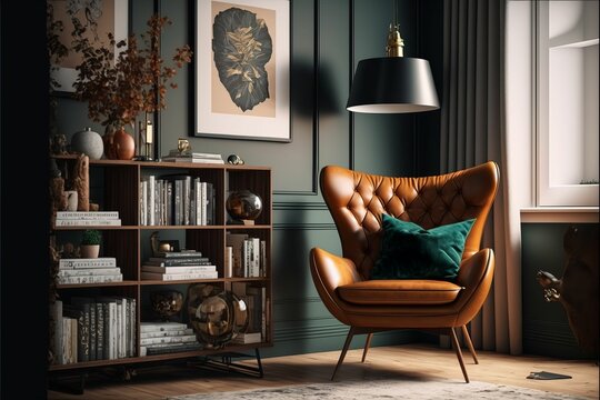 AI generated illustration of a modern home office with a leather armchair and gray walls