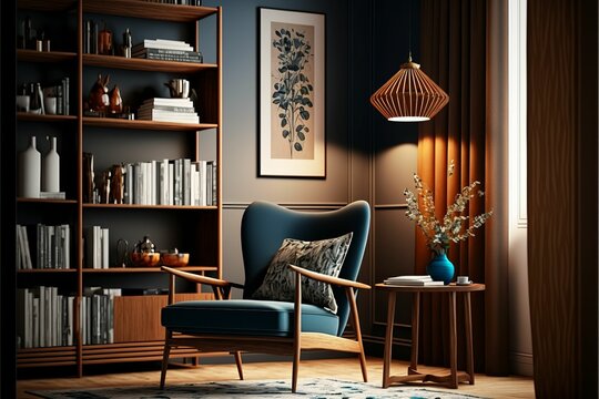 AI generated illustration of a modern home office with brown furniture and curtains