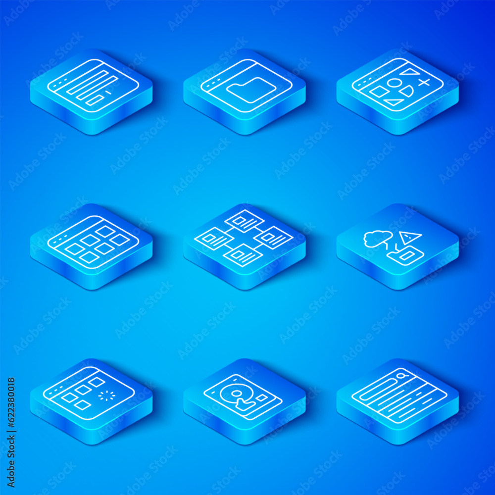 Poster set line loading data window, hierarchy organogram chart, hard disk drive hdd, cloud technology tran